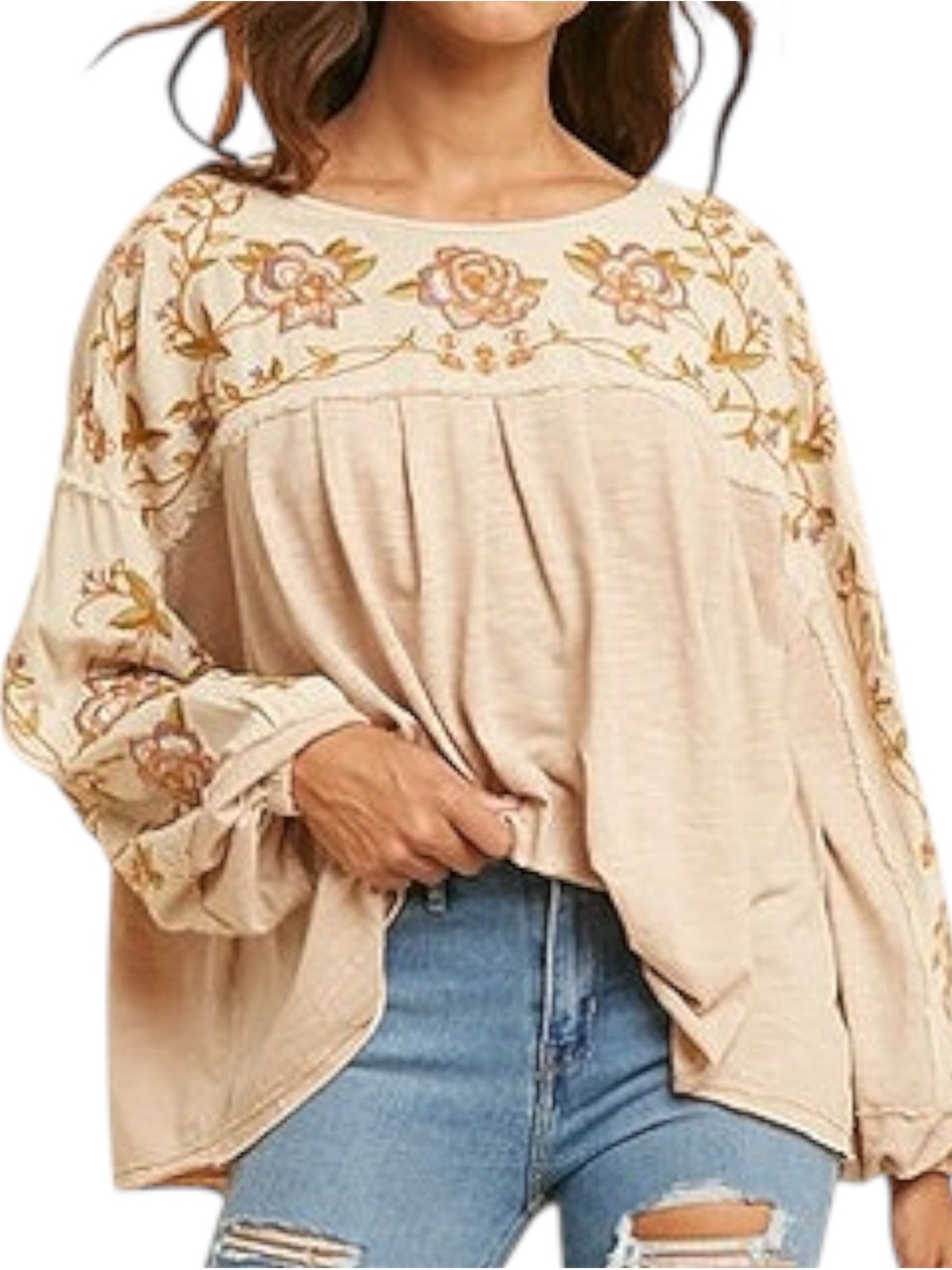 In Loom Boho Floral Embroidered Peasant Blouse Keyhole Back Cream Size M